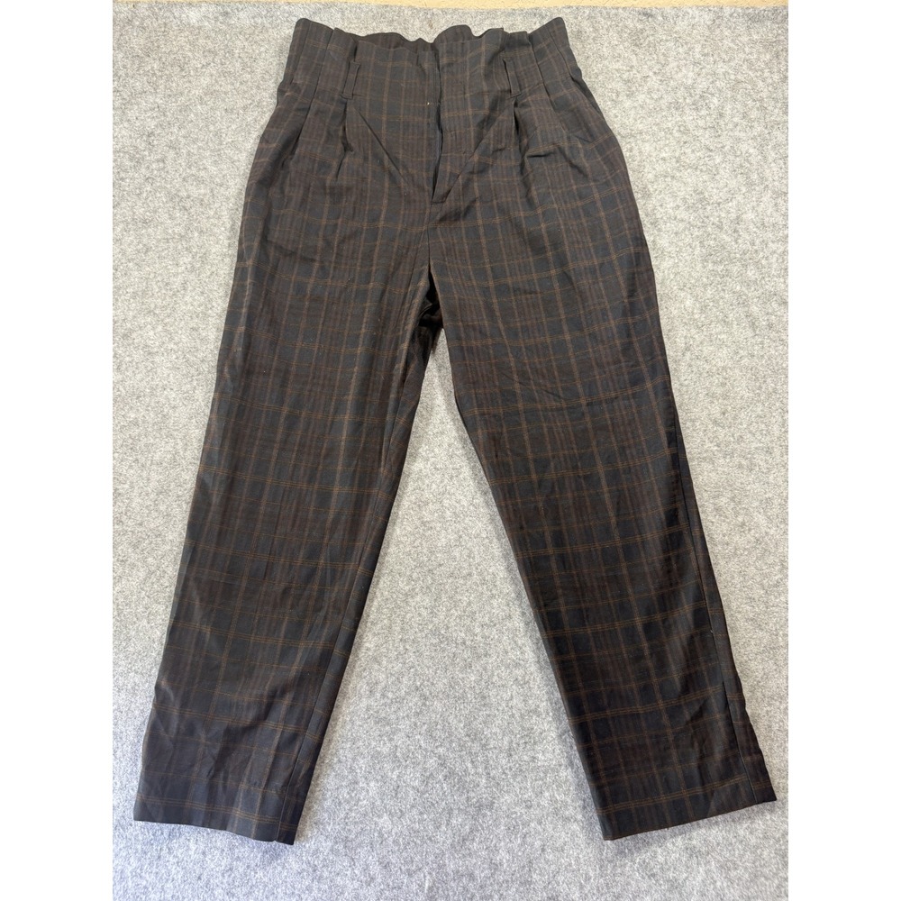 H&M Petite High Waisted Trousers 8P Dark Grey‎ Plaid Pleated Tapered Leg